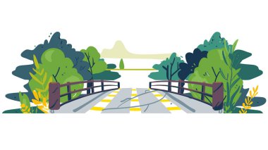 Çizgi film ahşap köprüsü derenin üzerinden geçiyor, yemyeşil ağaçlarla çevrili. Parlak sarı çiçek yaprağı detayı renklendirici bir dokunuş, sakin doğa sahnesi ekler. Düz tasarım tarzı, doğa peyzaj köprüsü