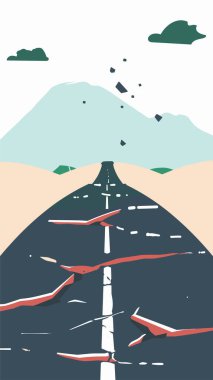 Hasarlı asfalt yolda deprem oldu, karayolu çatlakları konsepti bozuldu. Dağlara doğru giden çöl manzarası çökmüş, doğal hasarlı altyapı. Deprem