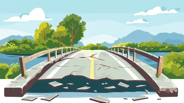 stock vector Collapsed bridge over river scenic view mountains trees. Destroyed infrastructure crumbled pieces water roadside fallen barriers. Damaged causeway landscape natural disaster aftermath serene