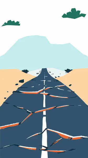 stock vector Damaged road cracks leading horizon under blue sky, concept travel disruption. Cracked asphalt symbolizing obstacles challenges path, hills clouds background. Abstract landscape depicting broken