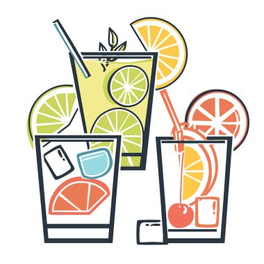 Stylized vector illustration summer drinks citrus fruits ice cubes. Three colorful glasses, one lemon, another lime, third orange cherry. Bright refreshing cocktail designs, ideal menus summer clipart