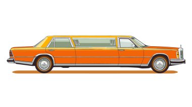 Yan görünüş klasik turuncu limuzin, lüks uzun araç, detaylı retro araba çizimi izole edilmiş beyaz arka plan. Klasik otomobil, koleksiyon yapılabilir limuzin modeli krom detaylar, beyaz duvar lastikleri.