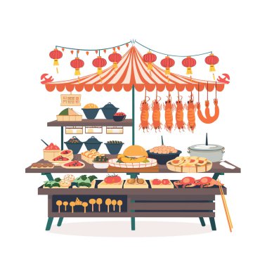 Sokak yemekleri tezgahında hamur köftesi, suşi ve ızgara deniz ürünleri dahil çeşitli Asya yemekleri satılıyor. Kırmızı fenerler, Asya 'yı andıran şenlikli kutlamalar öneren tezgahları süslüyor.