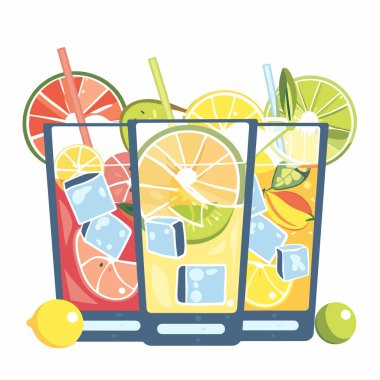 Renkli ferahlatıcı limonata, turunçgil meyveli buz küpleri yüzen uzun bardaklar. Canlı yaz içkileri, çeşitli narenciye dilimleri pipetler. İzole edilmiş beyaz arka plan, taze içecek illüstrasyonu