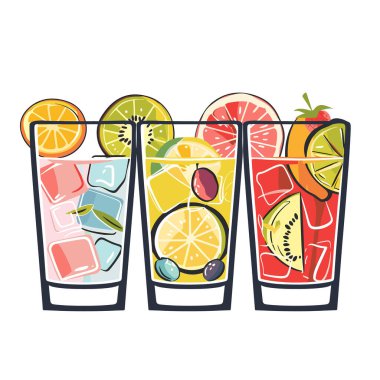 Ferahlatıcı içecekler. Birden fazla renkli bardaklar. Dilimlenmiş meyve buzu. Limon dilimleri, kivi, çilek, garnitür parlak yaz içkileri. Turunçgil ve meyveli kokteylleri karıştırın.