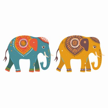 Karmaşık desenli iki renkli filin beyaz arka planı izole edilmiş mandalalar. Turuncu mavi filler süslenmiş desenler, geleneksel Hint halk sanatı, dijital vektör illüstrasyonu. Fil.