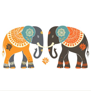 Two decorative elephants facing intricately patterned blankets colorful designs orange, blue, brown hues. Both elephants tusks intertwined, their bodies adorned floral motifs, creating symmetrical clipart