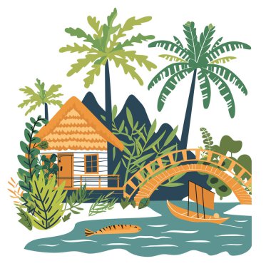 Tropik orman nehir kenarındaki kulübe yemyeşil bitkileri, ağaçları, yüzen tahta köprüyü, yelkenliyi, dağ zeminini, doğa inzivasını çevreledi. Konforlu kulübe egzotik orman yeşili manzaralı rahatlama