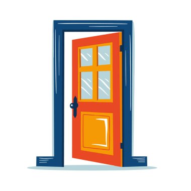 Parlak renkli kapı, kısmen mavi çerçevede açık, giriş çıkışı işaret ediyor, hoş geldin jesti, düz tasarım. Turuncu kapı mavi pencereler, izole edilmiş beyaz arkaplan, yansıtıcı cam etkisi