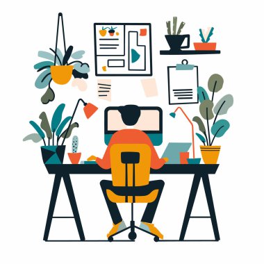 Merkez ofis çalışma alanı, oturulan kişi, bilgisayar masası, çeşitli bitkiler, duvar dekoru, turuncu sandalye, izole edilmiş beyaz arka plan. Dijital profesyonel, modern ofis, düzenli çalışma alanı, ev dekorasyonu