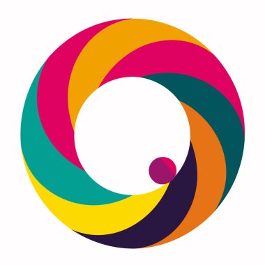 Soyut dairesel geometrik şekiller canlı renkler oluşturarak izole edilmiş sarmal desen oluşturur, logo kullanılacak, simge grafik tasarım elemanı. Baskın renkler arasında deniz mavisi, pembe, sarı