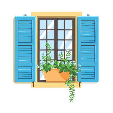 Pencere süslenmiş portakal saksısı çeşitli yeşil bitkileri, açık mavi çiçekleri, mavi eskimiş ahşabı, büyük cam camı, çiçek düzeneğini, sarı çerçeveyi doldurmuş.