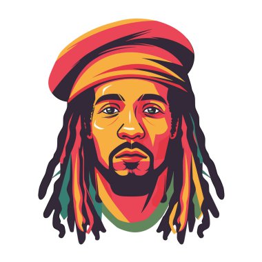 Çok renkli erkek portresi, siyah şapka, izole edilmiş beyaz arka plan. Siyahi adam ciddi ifade tarzı canlı renkler. Reggae müzisyeni Jamaika kültürü beyazları izole etti