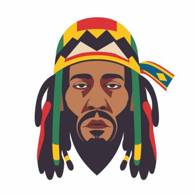 Geleneksel renkli örgü şapkalı, rastalı, metanetli ve gururlu etnik bir erkek. Afrika kültür mirası, genç yetişkin adam, tarihi karakter, dijital sanat tarzı. İzole edilmiş