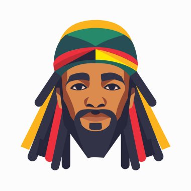 Afrikalı canlı başörtüsü rastası, sakallı geleneksel şapka, beyaz arka planı izole ediyor. Portre kültürel illüstrasyon rengarenk başlık şehir tarzı grafik sanat. Sanatsal resim logo kullanılacak