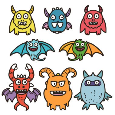 Koleksiyon renkli çizgi film canavarları, sevimli, dost canlısı yaratıklar. Dişlerini, boynuzlarını, kanatlarını gösteren bir sürü efsanevi yaratık. Çocuksu canavar tasarımı. Kıyafetler, çıkartmalar, parti teması.