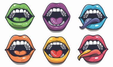 Altı stilize edilmiş karikatür ağzı çeşitli ifade renkleri, dişleri, dilleri, dudakları gösteriyor. Üst satırda yeşil ağız dişleri açık, mor kalp şeklinde dil, mavi ağız uzatılmış dil var. Alt satır