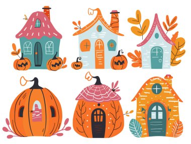 Tuhaf Cadılar Bayramı evlerinin balkabakları sonbahar yaprakları arasında neşeli konutlara dönüşür. Tuhaf kulübeler turkuvaz, turuncu, balkabağı şekilli ürkütücü elementleri harmanlıyor. Şenlikli, peri masalı evleri