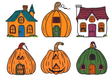 Üç tuhaf ev çizgi film tarzı çizilmiş, biri geleneksel olarak inşa edilmiş, iki şekilli balkabağı. Renkli balkabağı evlerinde kapılar, pencereler, bacalar ve peri masalı evleri bulunur. Canlı bir şekilde.