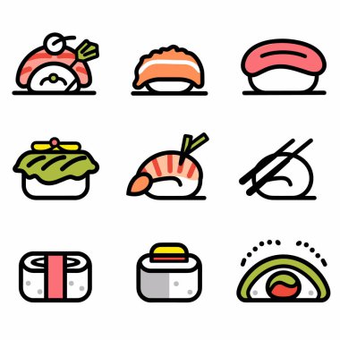 Dokuz suşi saşimi ikonu, basit düz tasarım taslakları. Resimlerde Nigiri, maki ruloları ve daha fazlası var. Geleneksel Japon mutfak malzemelerinin yer aldığı renkli simgeler