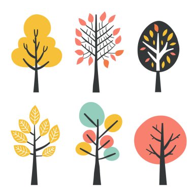 Altı stilize ağaç basit tasarımlar, değişik yaprak şekilleri ve renkler içerir. Grafik minimalist ağaçlar arka planda sarı, turuncu, kırmızı, deniz mavisi renklerini sergiler. Modern, soyut ve uygun.