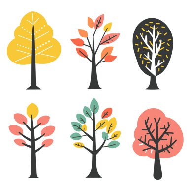 Altı stilize ağacı çeşitli renkte ayarla. Basitleştirilmiş, modern temsiller ağaçların grafik tasarımı. Mevsimsel, doğal grafikler uygun eğitici dekoratif kullanım