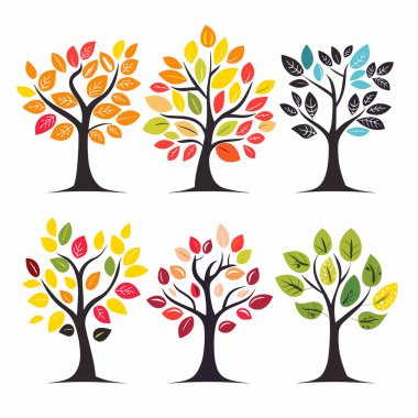 Six stylized trees showcasing different color leaves, representing changing seasons, tree features unique leaf color palette, ranging green red. Trees simple, flat design style suitable various