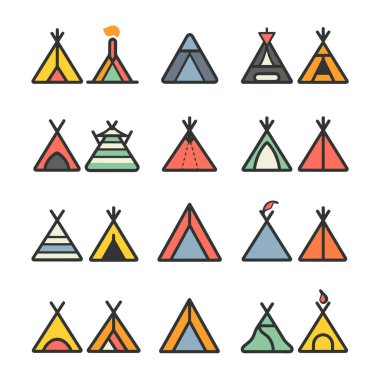 Koleksiyon renkli çadır ikonları düz tasarım. Çeşitli renkler arasında sarı, kırmızı, turuncu, mavi, yeşil, gri çadırlar ve dekoratif elementler vardır. Amerikan Yerlisi 'ne uygun basit bir kamp tarzı.