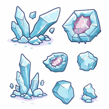 Çeşitli kristal değerli taşlar koleksiyonu, stilize edilmiş karikatür çizimi. Kristaller mavi tonlar, buz minerallerini andıran, açık koyu tonlar boyutu. Mücevherler kümelenmiş dizilimleri içerir