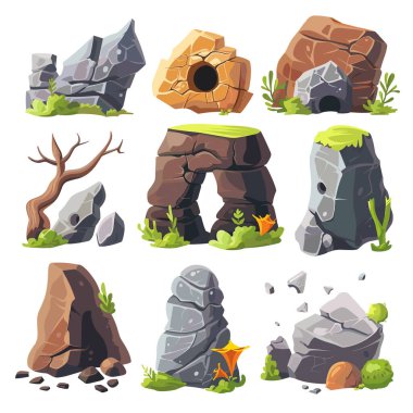 Koleksiyon karikatür kaya parçaları, çeşitli şekiller, doğa kaya elementleri, renkli jeolojik çizimler. Vektör kaya oluşumları oyun ortamı, peyzaj, fantezi sahnesi. Parlak