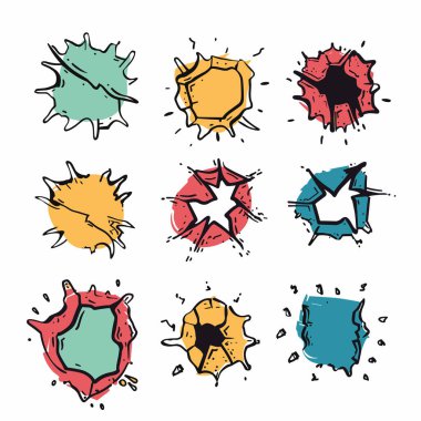 Renkli çizgi roman stili patlak şekilleri ayarlayın. Yeşil, sarı, kırmızı, mavi karikatür gibi çeşitli renkler izole edilmiş beyaz. Bu patlamalar patlamaları temsil ediyor.