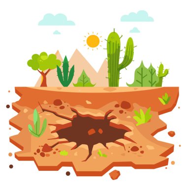 Çöl manzarası, yüzeyaltı katmanlarını, yer çatalını, güneşli gökyüzünün altındaki kaktüs dağlarını gösteren karikatür çizimleri. Parlak renkli çizimler jeolojik katmanları, çölü temsil ediyor.