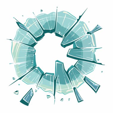 Parçalanmış cam vektör çizimi kırılma yıkımını temsil ediyor. Kırık parçalar ortaya saçılmış. Açık mavi, şeffaf cam parçaları izole edilmiş beyaz arkaplan