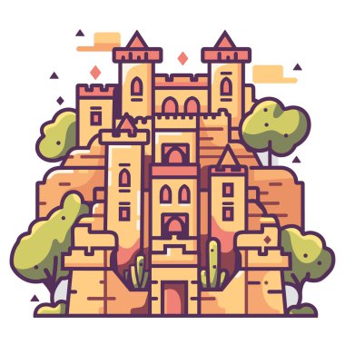 Renkli ortaçağ şatosu yeşil ağaçların etrafını sarmıştı. Şekillendirilmiş grafik çizim kalesi birden fazla kule. Sıcak renk şeması fantezi şato manzarası çiziyor