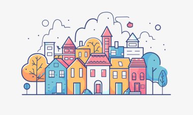 Canlı binaların ağaçlarının yer aldığı renkli şehir manzarası çizimi. Sokak vektörü sanat eserleri dizisi renkli evler, oyuncu tasarım. Manzara grafikleri tuhaf şehir manzarasını geometrik tasvir ediyor