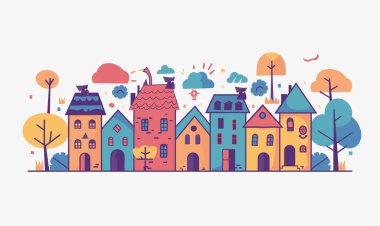 Renkli şehir sokak sahnesi çeşitli mimari tarzları. Canlı gökyüzünün altındaki tuhaf köy ağaçları, eğlenceli tasarım. Çocuk dostu şehir manzarası çizimi, sıcak renk paleti