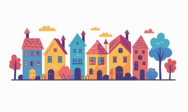 Renkli çizgi film tarzı evler, ağaçlar, neşeli şehir manzarası çizimleri. Garip binalar canlı renkler, konut caddeleri, mutlu kasaba illüstrasyonu.