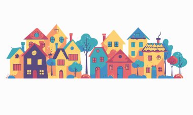 Renkli stilize evler tuhaf komşuluk hisleri yaratıyor, evin eşsiz tasarım unsurları var, farklı pencereler, eğlenceli çatı şekilleri, tuhaf bacalar. Ağaçlar binalar arasında dağılır.