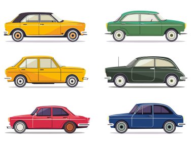 Klasik araba koleksiyonu renkli klasik tasarım kenar görünüm seti. Klasik araba profilleri sarı, yeşil, kırmızı, mavi otomobiller izole edilmiş beyaz arka plan. Retro araçlar konsepti farklı