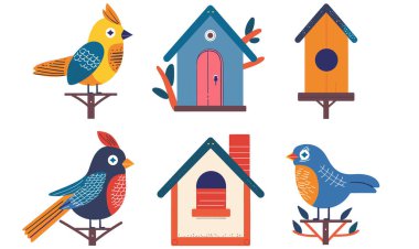 Eşleşen kuş evlerinin yakınına tünemiş renkli kuşlar grafik stil, kuş evi eşsiz tasarım, renk şeması, şekil, illüstrasyon izole edilmiş beyaz arka plana karşı canlı palet kullanır