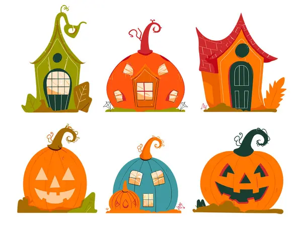 stock vector Set six cartoon Halloween houses pumpkins, structure depicts festive Halloween elements playful spooky designs. Jackolanterns, leaves, Autumn colors prominent