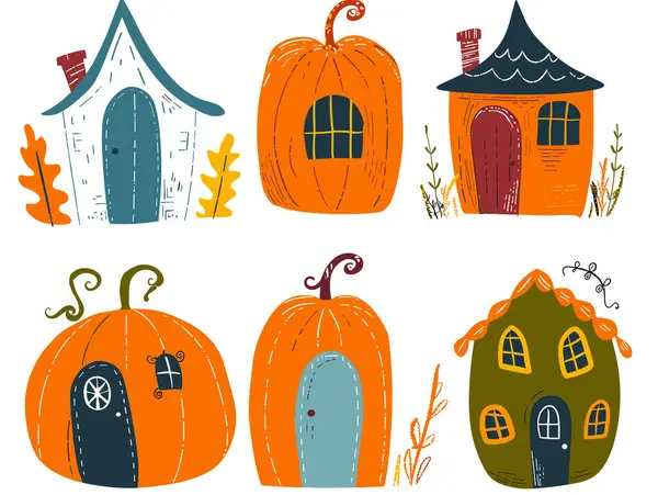 Stock vector Whimsical houses transformed into pumpkins set playful, colorful pumpkin houses, cartoon fantasy style. Playful orange, green, blue pumpkin homes, enchanted storybook illustrations, windows doors