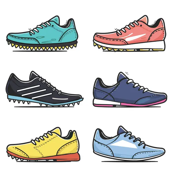 stock vector Collection colorful track running shoes athletes, spiked shoe features distinct colors styles suitable sprinting, longdistance running. Six different sports footwear track events