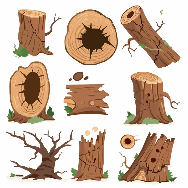 Stock vector Collection various tree stumps logs, detailed wood textures, leaves scattered around, lumber, forestry logging themed elements, tree rings visible, stump log crosssections. Various