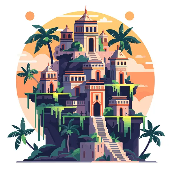 stock vector Fantasy castle illustration amidst tropical palms, stairway leading majestic arch entrance. Detailed mythical architecture against sunset backdrop, adventure game concept artwork. Mystical temple