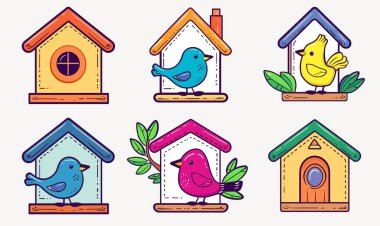 Parlak renkli kuş evleri vektör illüstrasyonları, çizgi film kuşları, renkli bahçe kuşu yuvaları. Şirin kuş evi tasarımları, canlı kuş yaşam alanları çizimleri, renkli kuş evleri.