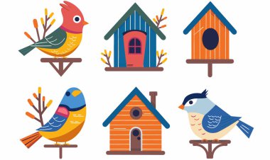 Renkli kuşlar dallara tünemiş, kuş kafesleri, kuş arkadaşları tasarlanmış. İllüzyon doğası, vahşi yaşam, rahat ahşap habitatlar, kuşlar. Canlı düz tasarım sergiler kuşçuluk, bahçe, ornitoloji temaları