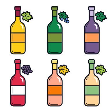 Renkli şarap şişeleri vektör illüstrasyonunda farklı türde şaraplar, farklı çeşitleri gösteren bir şişe eşleştirilmiş üzüm yaprakları. Şarap koleksiyonu menülerini tasvir eden basit bir sanat tarzı