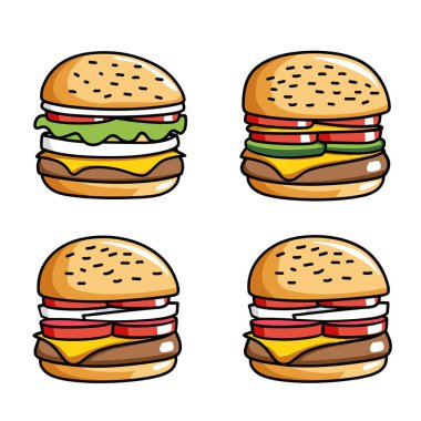 Dört farklı hamburger çizimi çeşitli malzemeler görünür. Sol üstteki hamburgerde marul var. Sağ üst katman, marul, iki köfte. Alt sol üst üste üç.