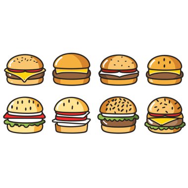 Sekiz çizgi film burgeri farklı malzemeler susam tohumları peynirli marul domatesleri. Fast food lezzetli çizburgerler karikatür tarzı izole edilmiş beyaz arka plan. Değişik hamburgerler, renkli çörekler.